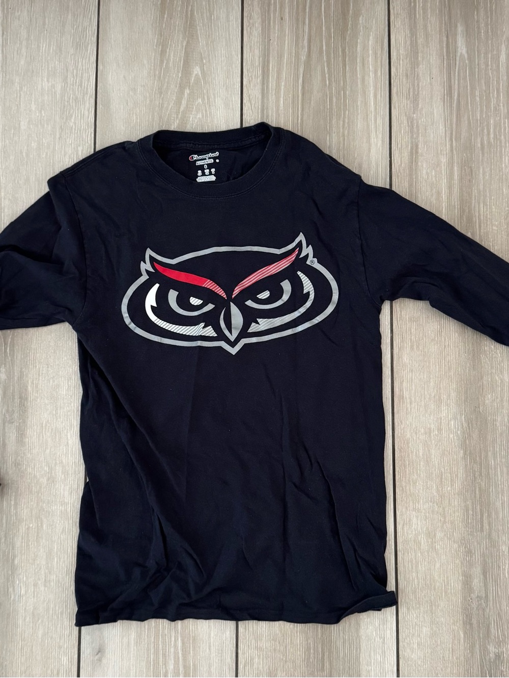 Champion Long Sleeve Tee in Black with Red and Gray Owl Graphic